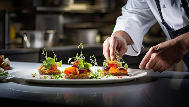 Chef preparing a canape in the kitchen of the restaurant