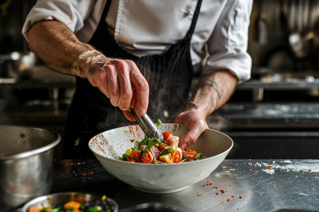 Foto chef che prepara il piatto in cucina