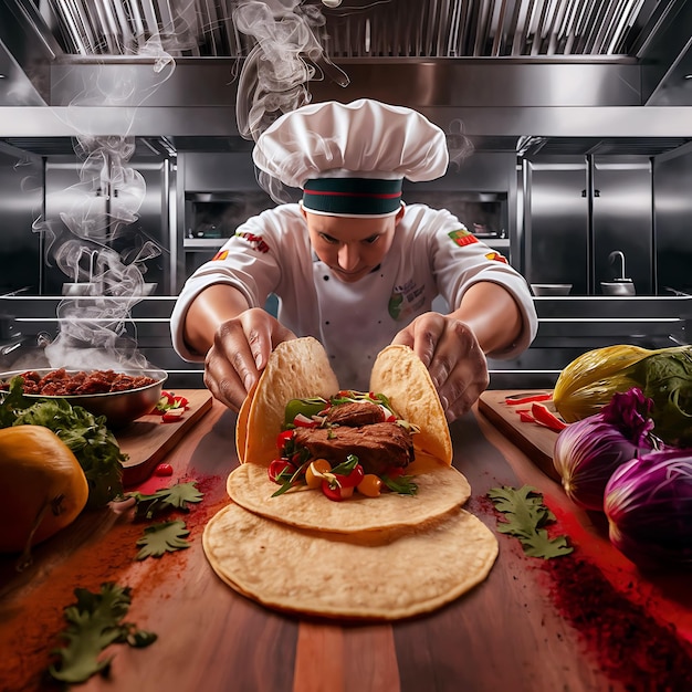 Chef Preparing Dish of Tacos in the kitchensmoky delicious