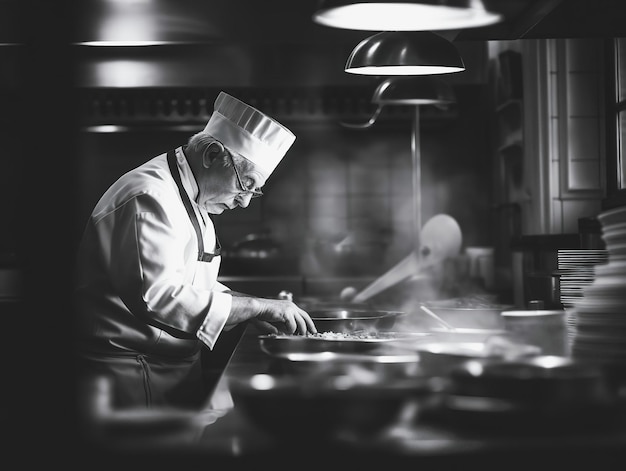 Photo chef preparing food chef cooking in a kitchen chef at work black and white