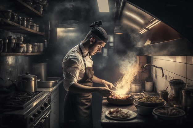 Chef preparing food in the kitchen of a restaurant.