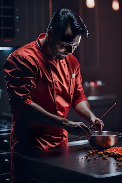 Foto lo chef che prepara il cibo in una cucina moderna ai generativa