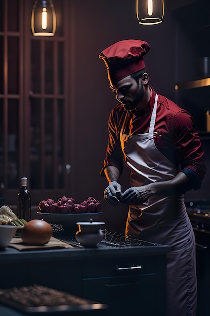 Foto lo chef che prepara il cibo in una cucina moderna ai generativa