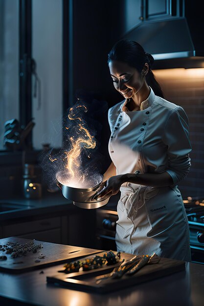 Photo the chef preparing food in a modern kitchen generative ai