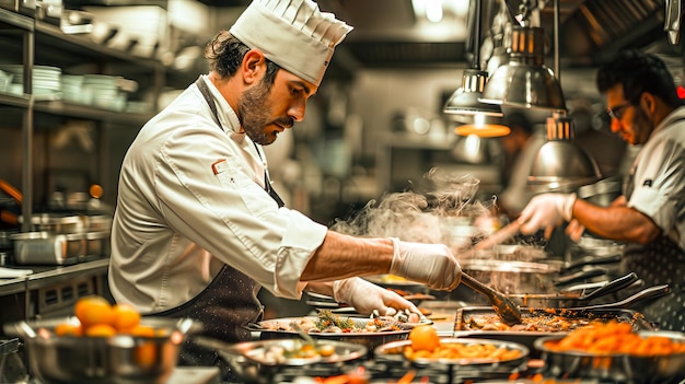 Photo chef preparing food in restaurant kitchen generative ai