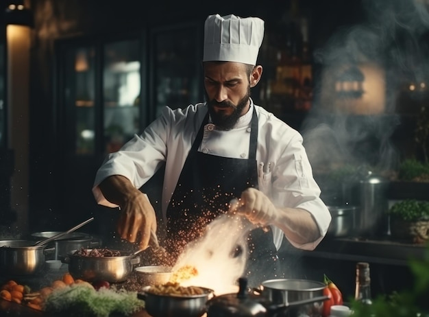 レストランの料理を準備するシェフ