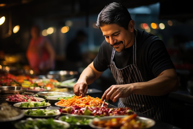 Chef preparing fresh tacos in lively street food tent with delicious side dishes generative IA