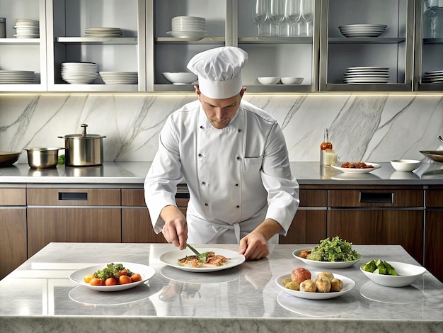 Chef preparing a gourmet dish in a professional kitchen