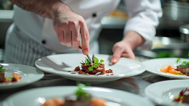 Chef Preparing Gourmet Meal in Maroon and Silver Kitchen