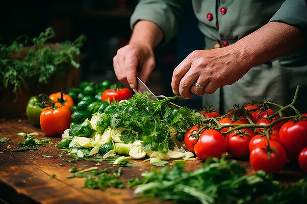 Foto cuoco che prepara gli ingredienti per cucinare un piatto in cucina