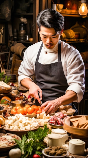 a chef preparing ingredients and food on the table