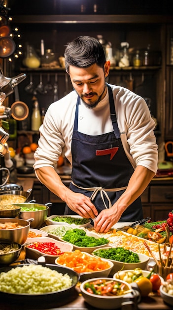 a chef preparing ingredients and food on the table