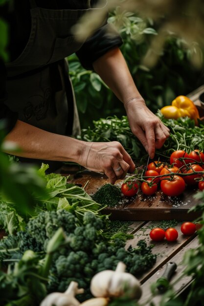 A chef preparing a meal with locally sourced seasonal ingredients supporting local agriculture and reducing carbon footprint