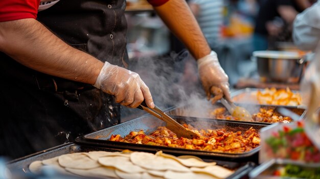 chef preparing mexican Enchiladas at a street food market