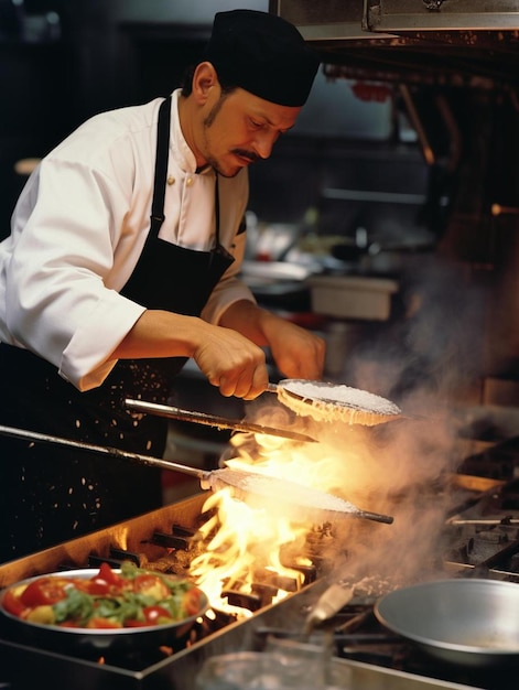 a chef preparing plates of italian food in a restaurant using a blow torch to heat a dish