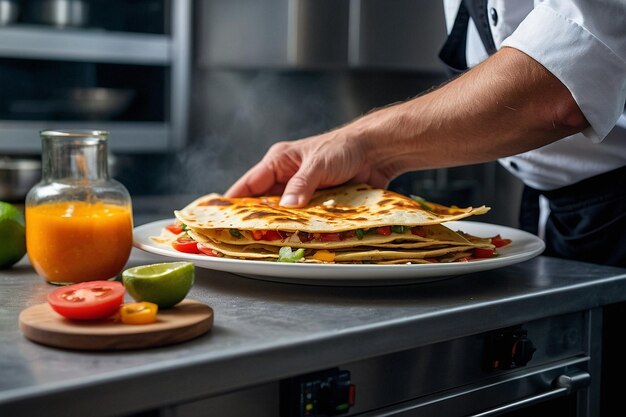 A chef preparing quesadillas in a mod