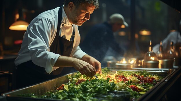 Chef preparing salad in the kitchen of a restaurant or hotelgenerative ai