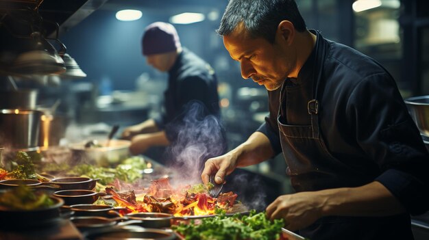 Chef preparing salad in the kitchen of a restaurant or hotelgenerative ai