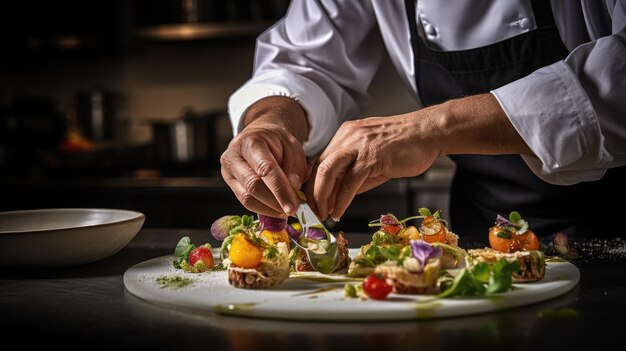 chef preparing a salad with a knife and fork