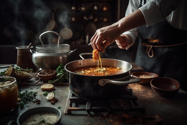 Chef che prepara una salsa saporita ia generativa