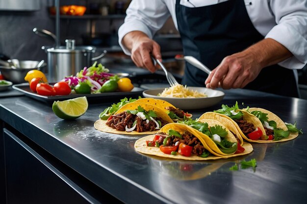 A chef preparing tacos in a stylish