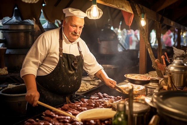 Шеф-повар готовит традиционные баварские блюда, такие как сосиски и квашеная капуста, в продуктовом ларьке
