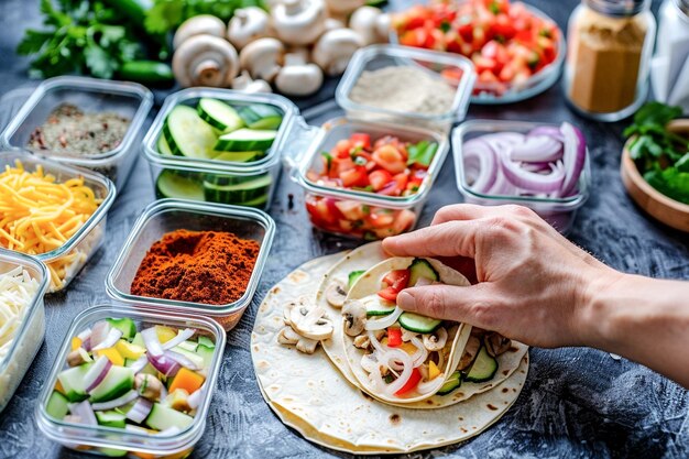 Chef preparing traditional Mexican food tacos with fresh ingredients containers in home kitchen