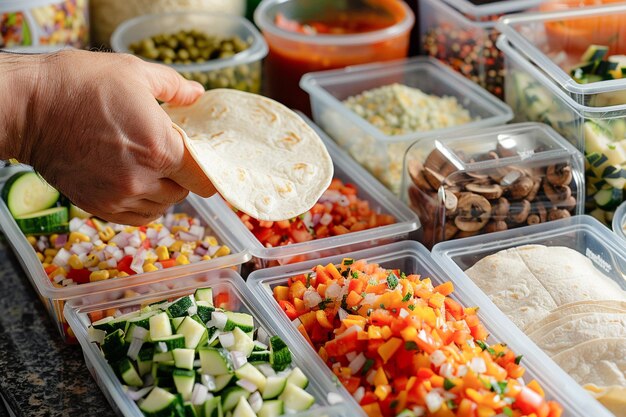 Photo chef preparing traditional mexican food tacos with fresh ingredients containers in home kitchen