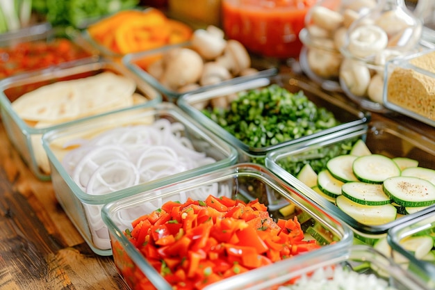 Chef preparing traditional Mexican food tacos with fresh ingredients containers in home kitchen