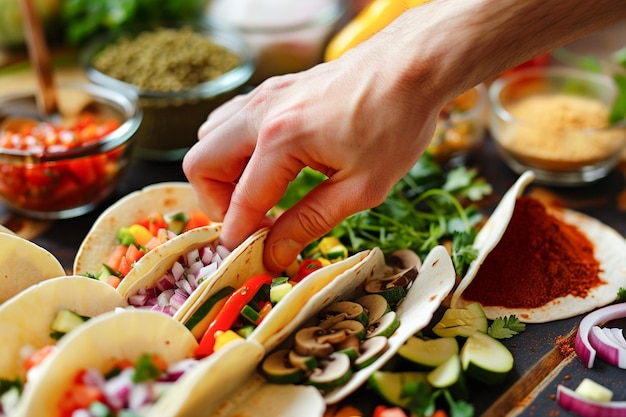 Chef preparing traditional Mexican food tacos with fresh ingredients containers in home kitchen