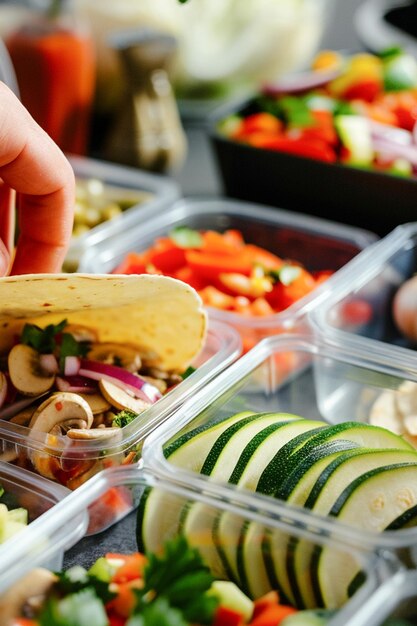 Chef preparing traditional Mexican food tacos with fresh ingredients containers in home kitchen