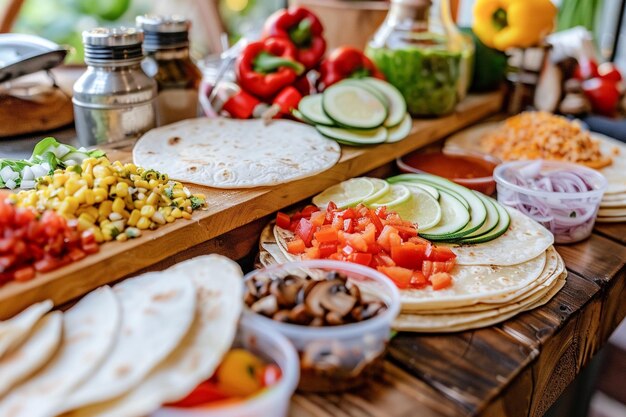 Chef preparing traditional Mexican food tacos with fresh ingredients containers in home kitchen