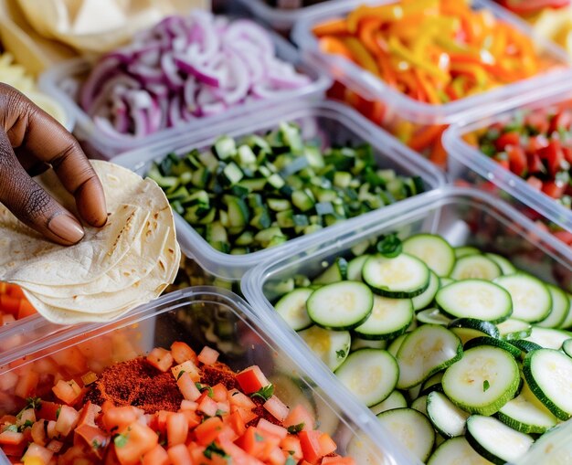 Chef preparing traditional Mexican food tacos with fresh ingredients containers in home kitchen