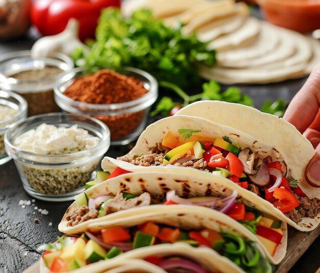 Chef preparing traditional Mexican food tacos with fresh ingredients containers in home kitchen