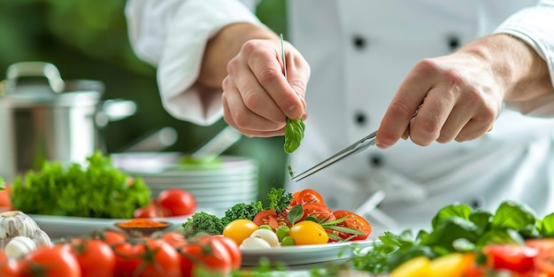 野菜サラダを準備するシェフ手のクローズアップベジタリアン料理を装飾するシェフ