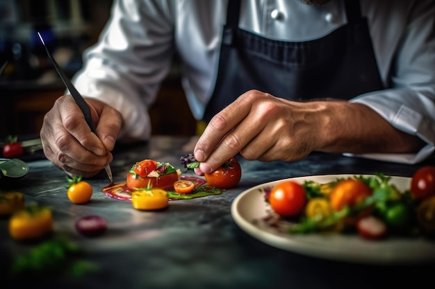 Chef preparing vegetable salad in the kitchen