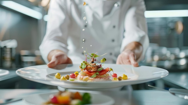 Chef presenting a beautifully plated dish artistry and flavor in focus minimalist white environment