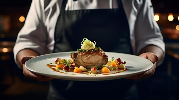 Chef presenting a beautifully plated dish featuring organic chicken