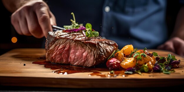 Chef presenting gourmet steak on wooden board exquisite restaurant dish with herbs and garnishes cuisine in focus culinary delight AI