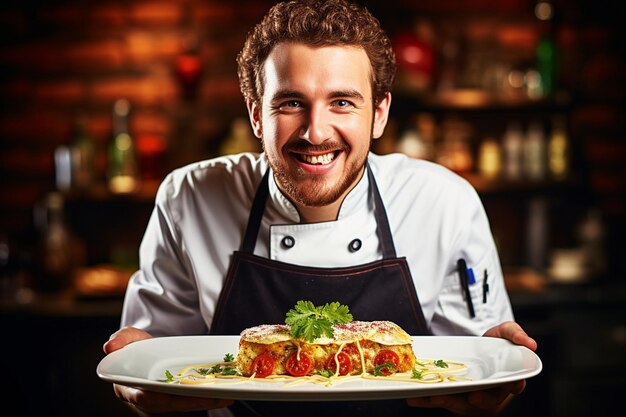 A chef presenting a gourmet version of enchiladas