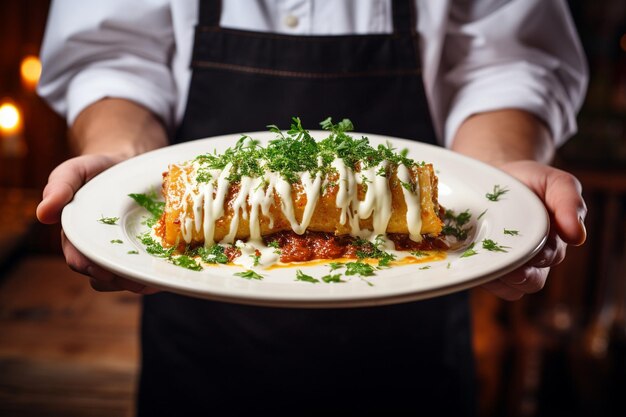 Photo a chef presenting a plate of enchiladas at a cooking demonstration