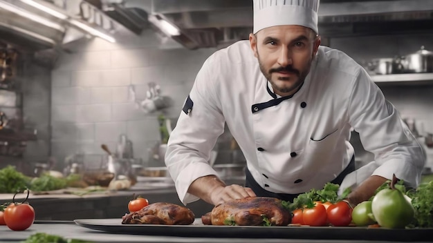 Chef presenting something over white background