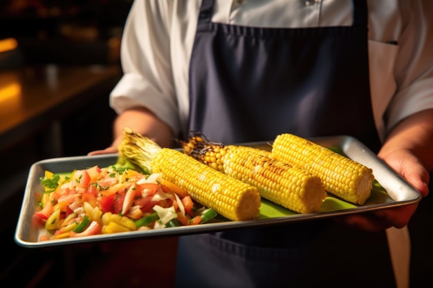 Chef presenting tray of grilled corn