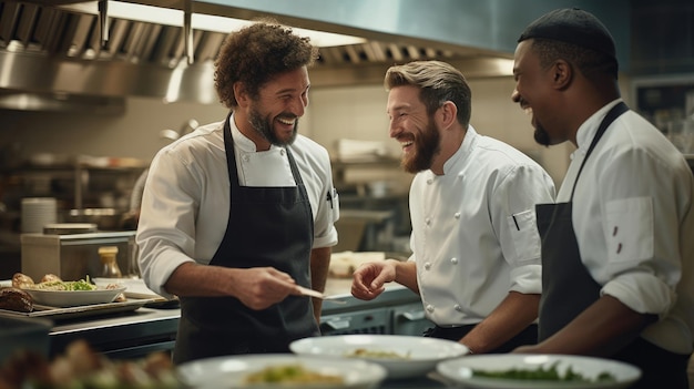 Chef presents plated dish to assistant another joins in applause