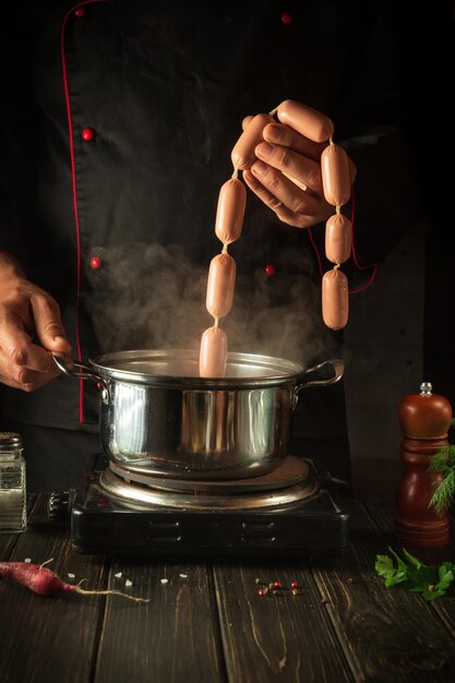 Lo chef mette in padella le salsicce viennesi ambiente di lavoro nella cucina di un ristorante