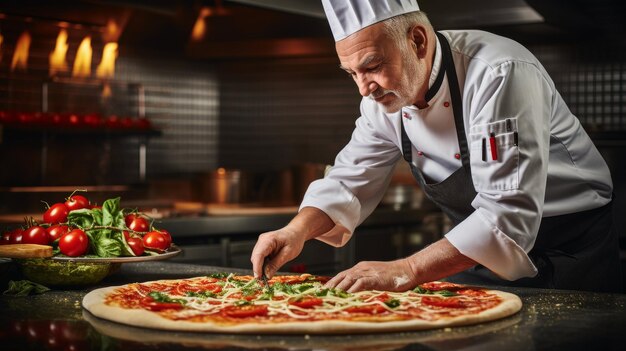 Foto lo chef mette le coperture sulla pizza