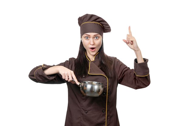 chef raised his finger up holding pan in his hand isolated on white background