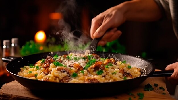 chef in the restaurant cooking dish with spaghetti on the background of the kitchen