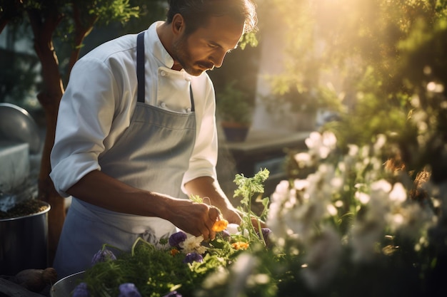 Chef restaurant in kitchen garden picking herbs thyme rosemary for him restaurant Generative AI