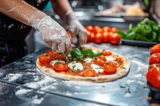 Chef in a restaurant kitchen preparing and decorating a delicious pizza